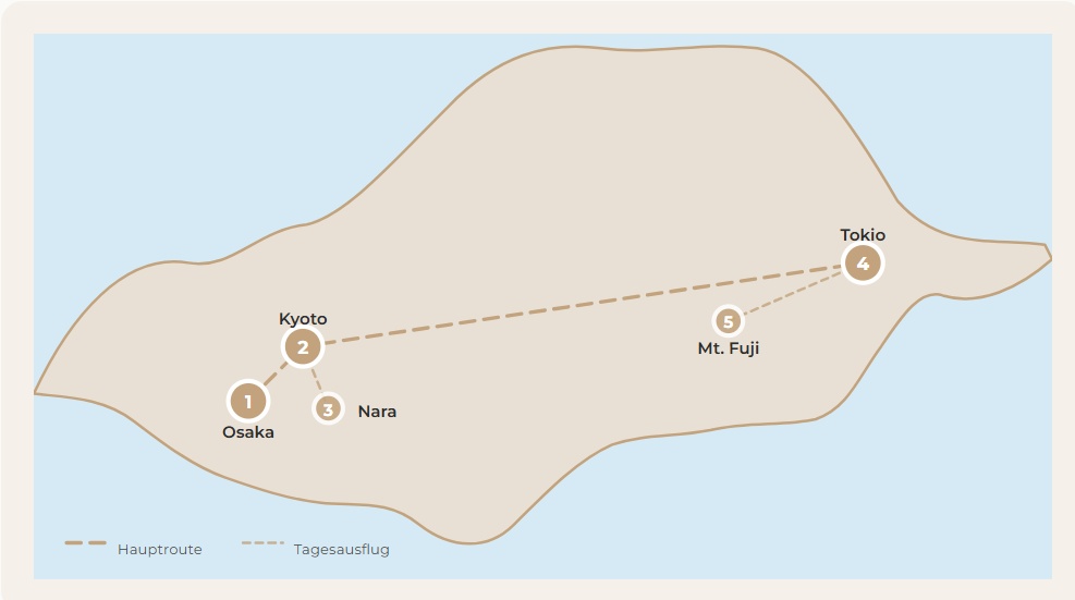 Karte der 10 Tage Japan Rundreise - Route von Osaka über Kyoto bis Tokio