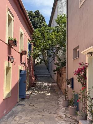 Kefalonia - enge Gasse mit bunten Häusern und Blumen in Assos